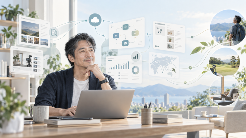 AIを活用して複数の収益システムを構築し、自由な時間を増やすイメージ