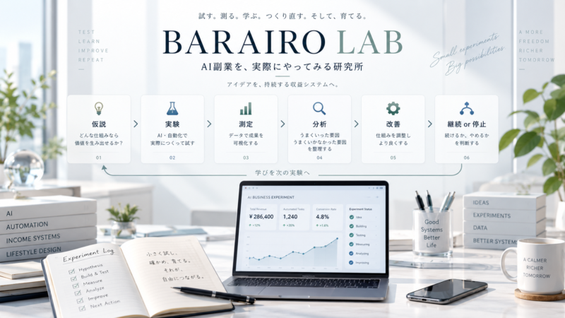 AI副業を実際に試し、測定し、分析し、改善していくBARAIRO LABのイメージ図